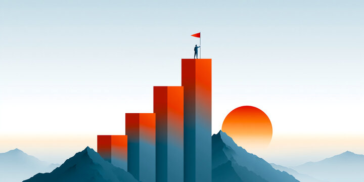 Flat vector illustration of a tiny figure planting a flag atop an ascending bar chart at sunrise symbolizing freight shipping and warehousing technology, with a calm and inviting overall atmosphere.