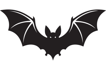 Fototapeta premium This is a clean, stylized black and white vector silhouette icon of a flying bat with its wings spread wide, featuring sharp pointed ears and glowing eyes on a plain white background.