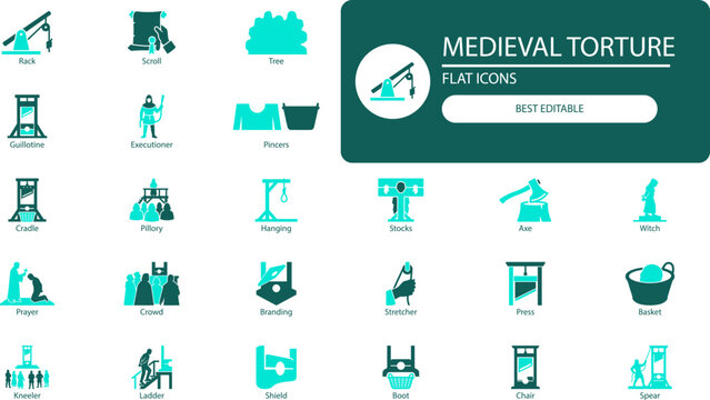 Medieval torture icons set. Simple cutout vector illustration of guillotine, gallows, stocks and executioner symbols for historical design.