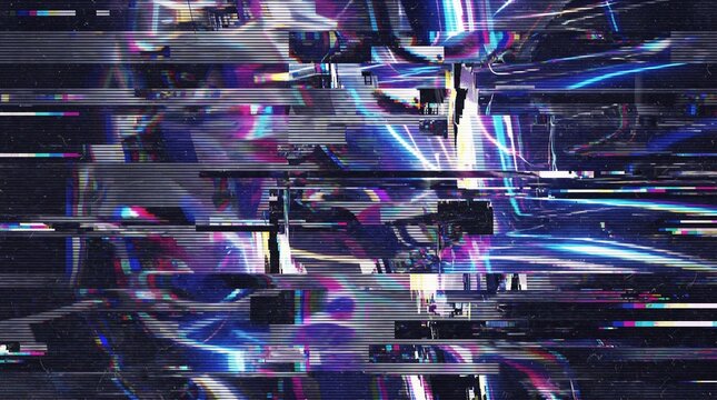 Abstract digital glitch background. Cyberpunk scan line effect with neon light distortion.