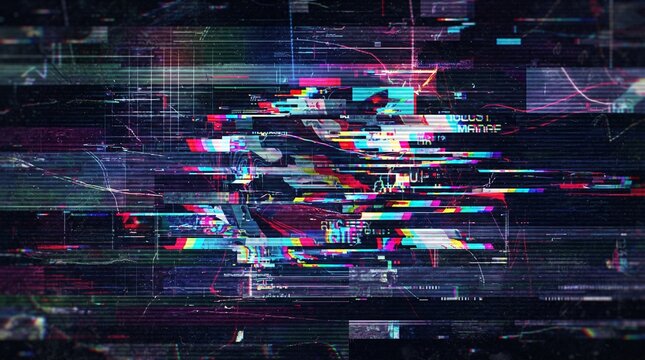 Digital glitch abstract background. Cybernetic scan line effect with colorful data noise.