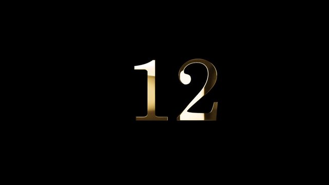 Number 12 in gold style with gold particles and transparent background, twelve