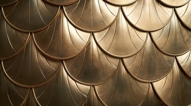 Luxury textured metallic gold overlapping fan shaped scale pattern with brushed finish shows elegant seamless decorative golden background for creative design projects