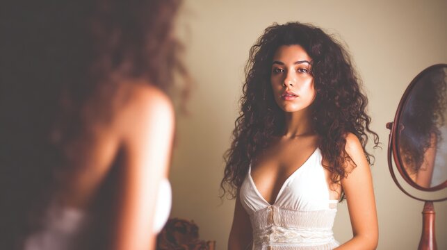Woman standing in front of a mirror, reflecting on her appearance in a soft-lit room during the afternoon