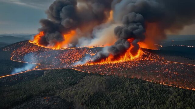 Firefly forest fire with intense flames and thick smoke showing the devastating power of nature