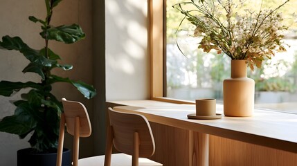 Fototapeta premium A minimalist wooden table by a window holds a vase of dried flowers and a cup beside a large leafy plant