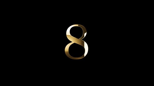 Number 8 in gold style with gold particles and transparent background, eight