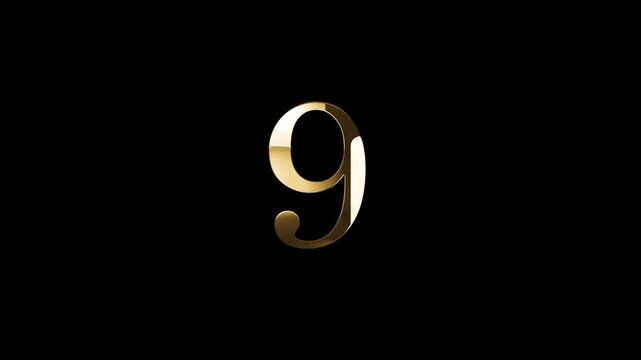 Number 9 in gold style with gold particles and transparent background, nine