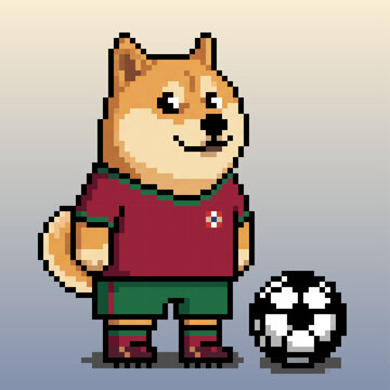 Pixel art style Shiba Inu dog wearing a Portugal football jersey, standing next to a soccer ball on a neutral background