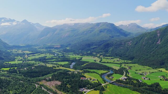 Aerial drone view of a fjord in Norway during summer. Panoramic landscape of northern nature and summer travel concept.
