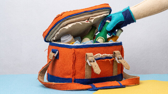Portable cooler bag filled with drinks on colorful background  