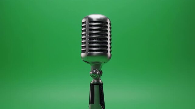 Vintage microphone on green screen with subtle camera zoom and focus shift for broadcast or performance content