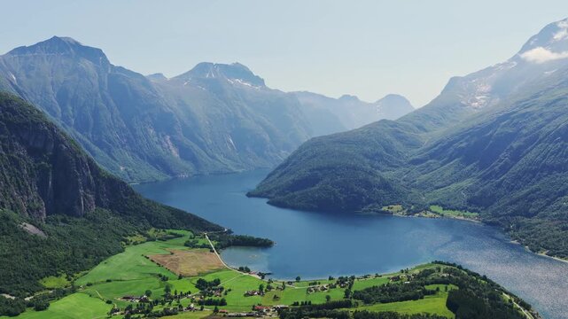 Aerial drone view of a fjord in Norway during summer. Panoramic landscape of northern nature and summer travel concept.