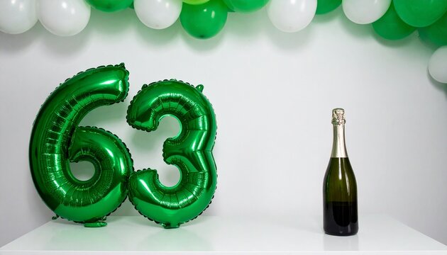 Green Number 63 Balloon with Champagne Bottle for Birthday or Anniversary Celebration