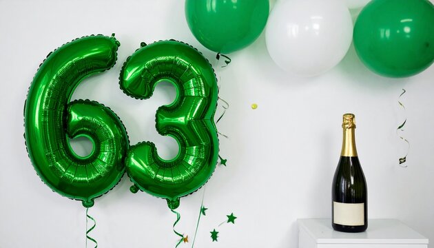 Green Number 63 Balloon with Champagne Bottle for Birthday or Anniversary Celebration