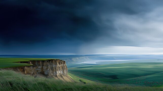 Dramatic stormy sky over grassy rocky cliff overlooking vast rolling green plains and distant winding river shows moody atmospheric natural landscape