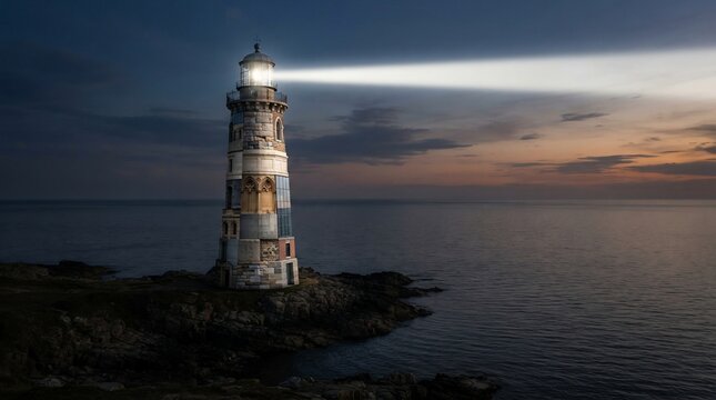 Navigational lighthouse beam shines across dark ocean at dusk