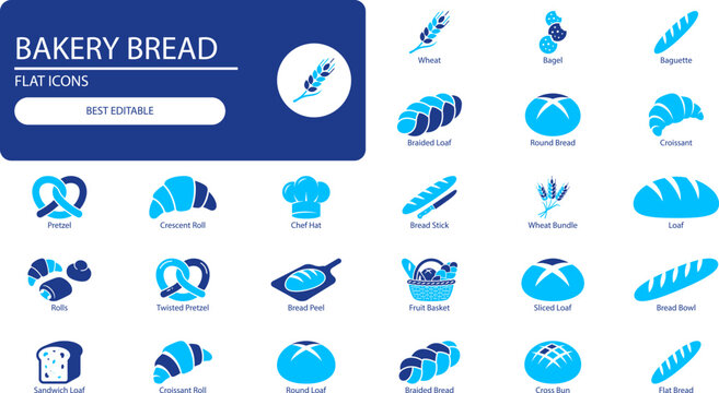 Bakery bread icons set. Black silhouette vector collection of loaves, pretzels, croissants and chef hat for food design