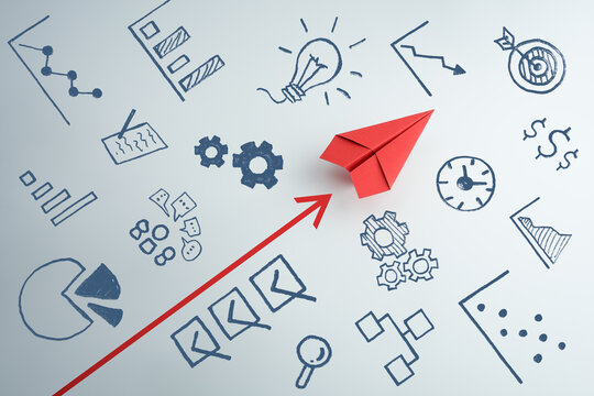 Red paper plane and arrow with business strategy on white background, Business growth concept
