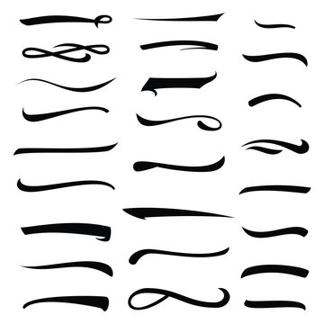 Collection of hand-drawn black ink brush strokes, decorative underlines, and calligraphic swashes isolated on a white background