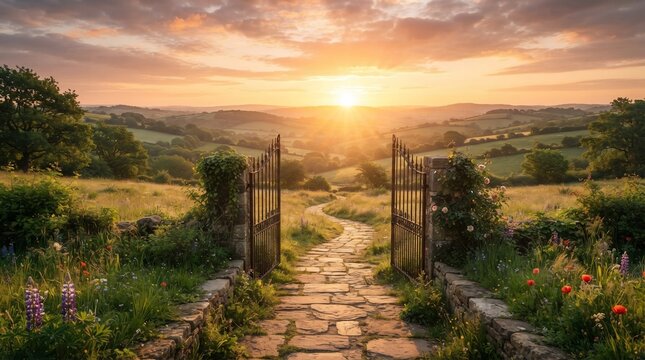 Open gate leading to rolling hills at sunset with warm golden light