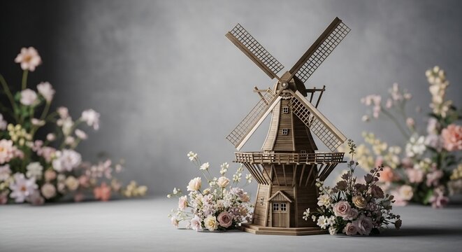 Ornate wooden windmill model surrounded by delicate flowers soft focus background