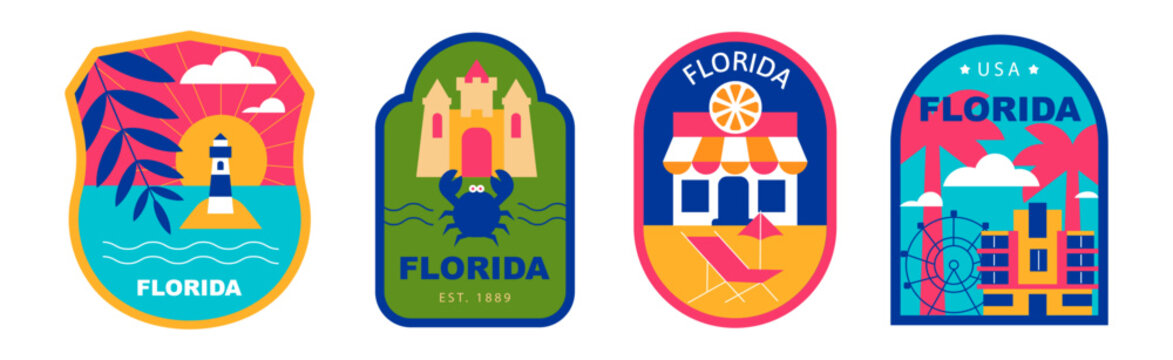 Florida Retro Badge set Geometric Flat Design Stickers, Patches and Labels