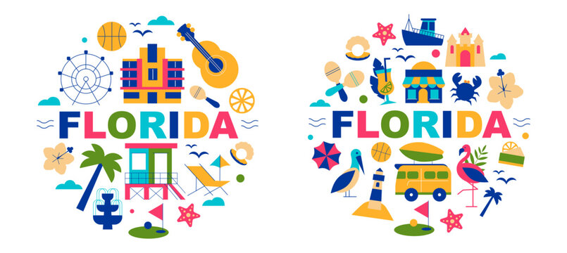 Florida Geometric Icons and Round Composition with Tropical Nature, Beach, Wildlife, Travel Symbols