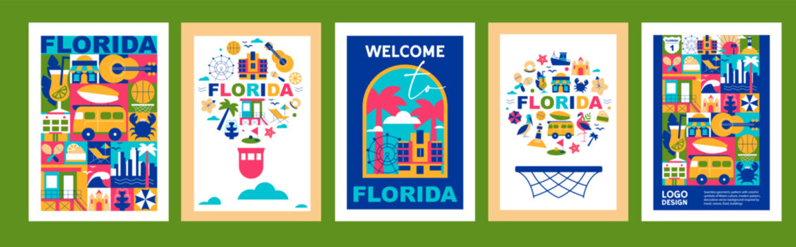 Geometric Florida Poster Set with Tropical Travel, Beach, Wildlife, Food and Design Templates