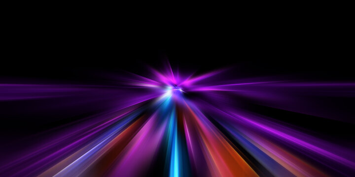 Neon purple speed rays on the dark asphalt, velocity light neon purple pink flow, zoom in motion effect, purple glow speed lines, colorful light trails, stripes on black background