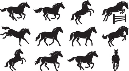 Fototapeta premium Black silhouette of horses in various dynamic poses, including running, jumping, rearing, and standing, isolated on a white background