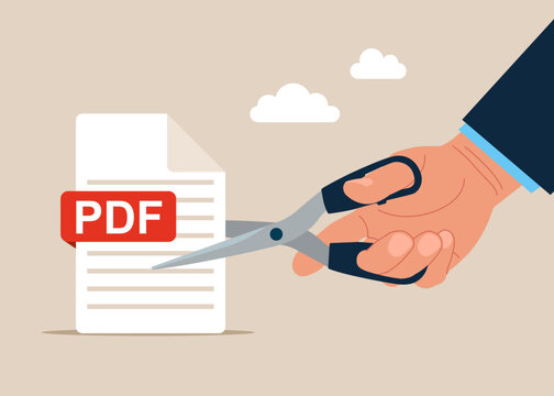 Cutting scissors to cut PDF file. Document cancellation. Downloading document concept. Flat vector illustration.