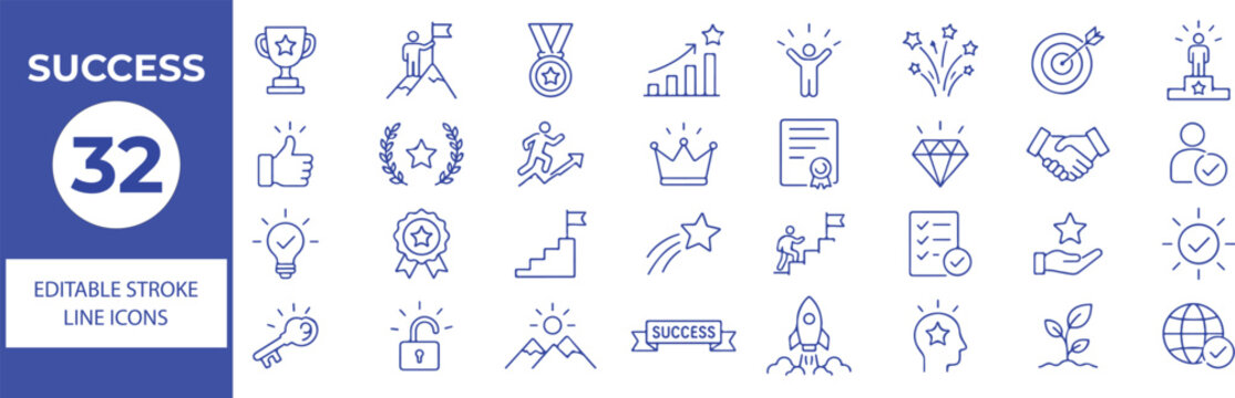 32 Success Vector Outline Icons Set,Achievement, Goal, Leadership, Motivation and Business Line Symbols Collection