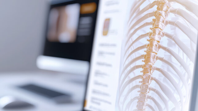Close up view of computer screen displaying detailed spine anatomy illustration, emphasizing medical education and technology