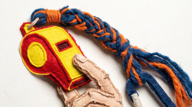 Hand holding colorful emergency whistle on braided lanyard  
