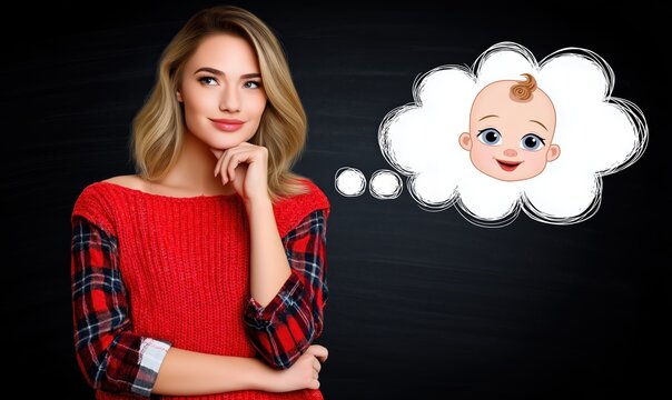 Woman thinks about a baby while standing in front of a dark background in a casual outfit
