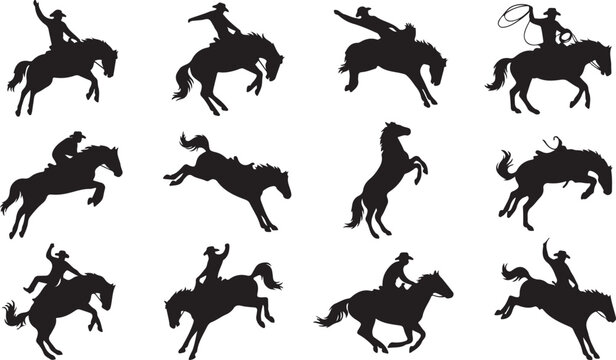 Collection of black silhouettes featuring cowboys riding bucking horses, rodeo riders, lassoing, and jumping, isolated on a white background