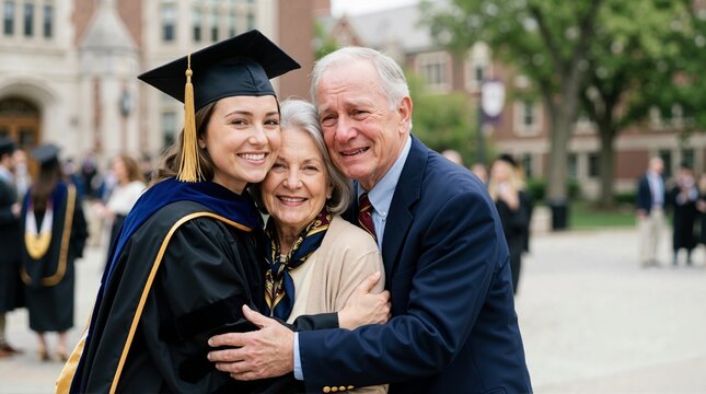 Female graduate hugging her grandparents at a university graduation ceremony. Proud family celebrating academic achievement on a college campus
