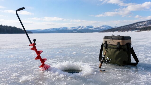 Red ice auger and fishing gear next to a hole on a frozen lake. Winter outdoor recreation with tackle bag and rod. Ice fishing hobby and cold weather adventure concept