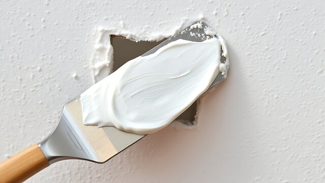 Metal putty knife with spackling paste pressed against a wall.