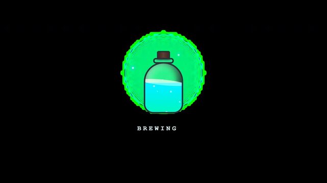 Magical potion brewing animation. An empty bottle fills with glowing emerald liquid, bubbles, and sparkles. Seamless loop with transparent background for RPG games and fantasy UI. 