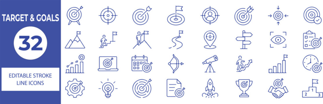 32 Target and Goals Vector Outline Icons Set,Goal Setting, Achievement, Business Strategy and Success Line Symbols Collection
