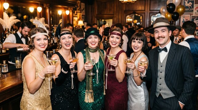 1920s Style Party Group of Friends Enjoying Drinks at a Bar
