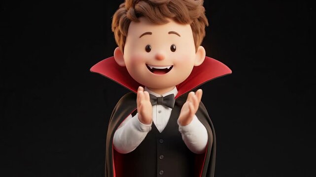 Cheerful little boy dressed in a festive spooky vampire costume with a red cape clapping his hands happily on black background