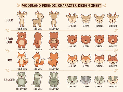 Woodland animal character design sheet featuring deer bear fox and badger expression reference guide with rear views alongside diverse expressions showcases comprehensive character front side rear