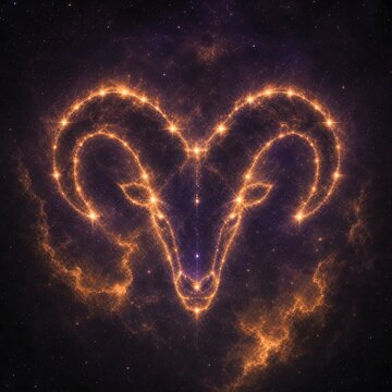 Glowing golden constellation lines forming a majestic ram head in deep space with starry galaxy background, symbolizing Aries zodiac sign, astronomy, astrology, and cosmic energy