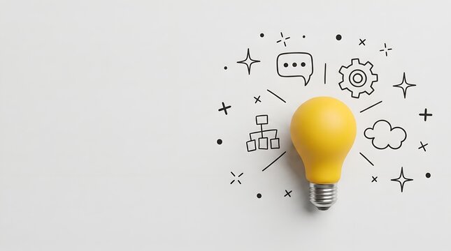 Creative ideation business strategy concept showing a yellow lightbulb with hand drawn process icons representing corporate innovation
