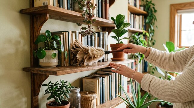 Woman dusting bookshelf with feather duster surrounded by houseplants and books