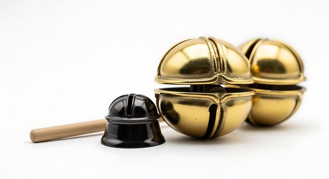Golden sleigh bells and black cowbell lying on white background with resting white surface still life