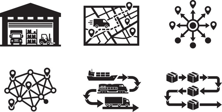 Set of warehouse storage, multi-stop delivery route map, distribution network, transport grid, intermodal freight shipping, and order processing icons.